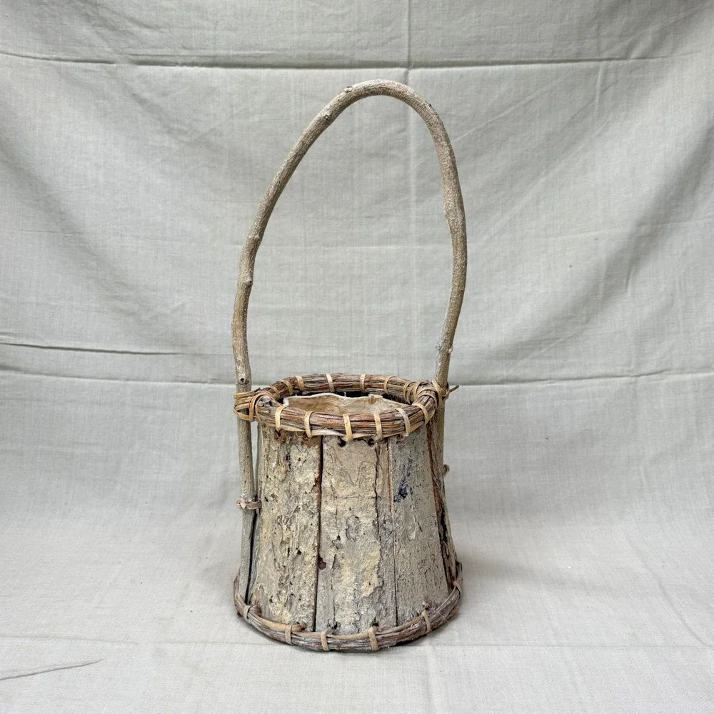 Vintage Bark Planter Basket with Liner Rustic Woodland Cachepot 1970s